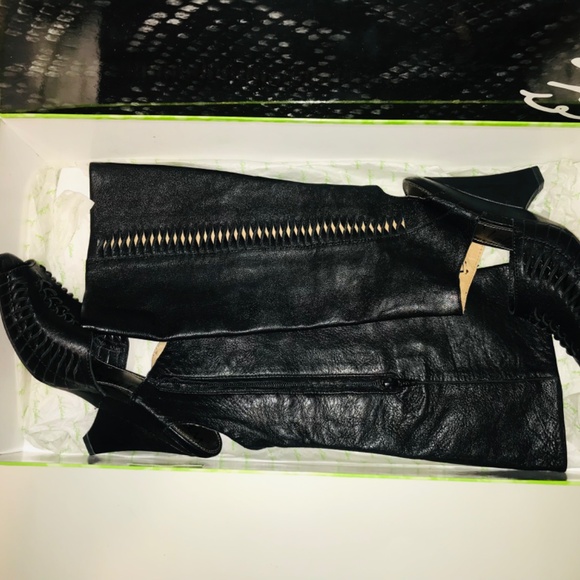 New Sam Edelman Kamie Black Vachetta Black Leather Open Toe Knee High Boots Y2K - Picture 2 of 16